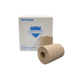 Rolls of kraft hardwound towels in front of their box.